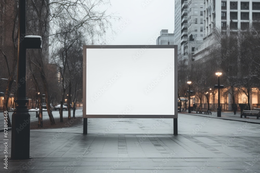 Blank banner mock up. Empty banner on a winter city street. AI generated