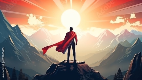 Businessman as superhero with red cape standing and looking on the top of mountain landscape, Business and success concept photo