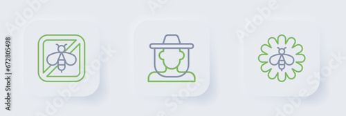 Set line Bee on flower, Beekeeper with protect hat and Stop bee icon. Vector