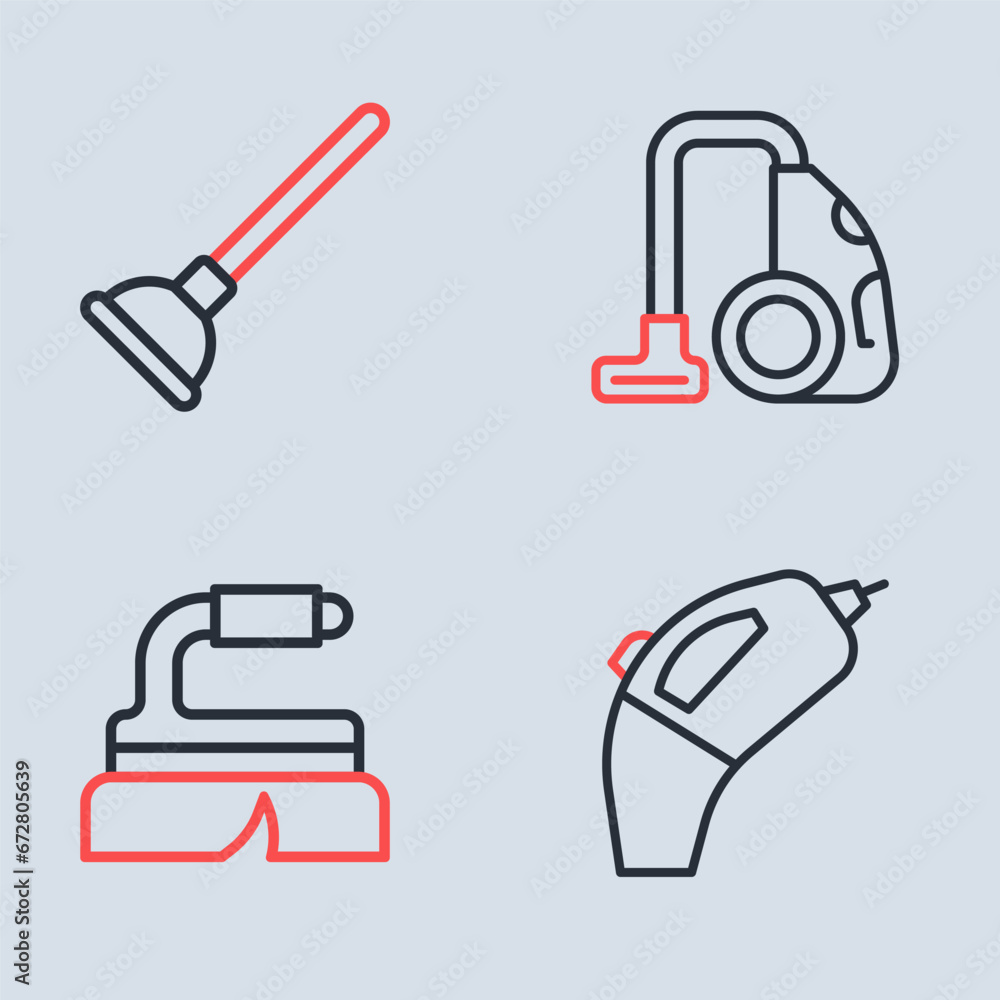 Set line Vacuum cleaner, Brush for cleaning, Portable vacuum and Rubber plunger icon. Vector Set line Vacuum cleaner, Brush for cleaning, Portable vacuum and Rubber plunger icon. Vector
