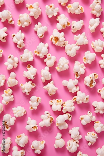 Popcorn on pink background. Flatlay composition. Ai Generative © ArtmediaworX