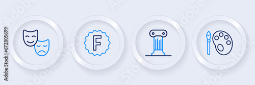 Set line Paint brush with palette, Law pillar, Exam paper incorrect answers and Comedy and tragedy masks icon. Vector