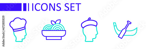 Set line Gondola boat, French man, Pasta spaghetti and Italian cook icon. Vector