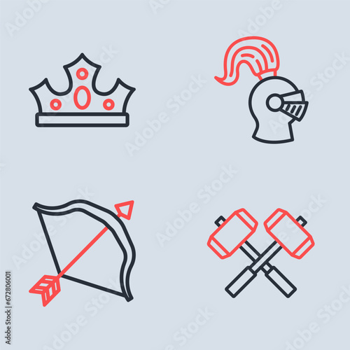 Set line Medieval helmet, bow and arrow, Crossed battle hammers and King crown icon. Vector