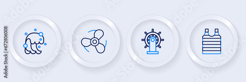 Set line Striped sailor t-shirt, Ship steering wheel, Boat propeller and Tsunami icon. Vector