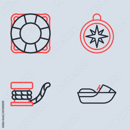 Set line Compass, Marine bollard with rope, Jet ski and Lifebuoy icon. Vector