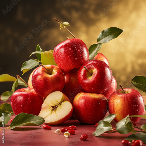Whole red apples and pieces of apples on a wooden table with a black and golden background