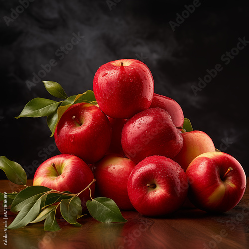 Red apples on a wooden table with green leaves on a black background
