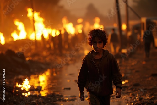 A young Middle Eastern boy standing on a road with fire at the background. His eyes, full of hopelessness, meet the camera's gaze. 