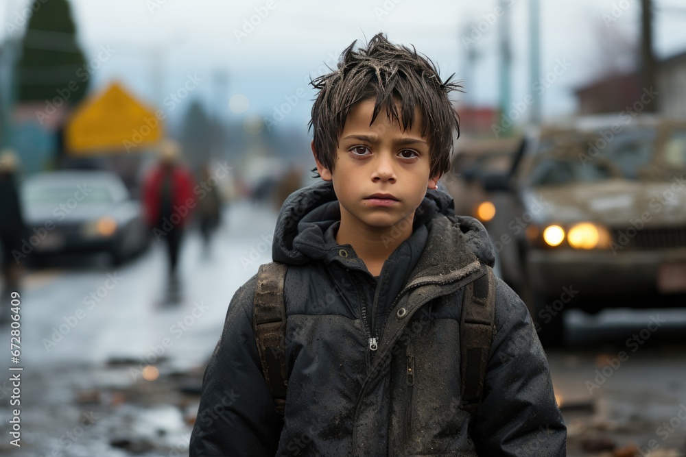 A young Middle Eastern boy standing on a dirty road with broken cars. His eyes, full of hopelessness, meet the camera's gaze. A young Middle Eastern boy standing on a dirty road with broken cars. His eyes, full of hopelessness, meet the camera's gaze.