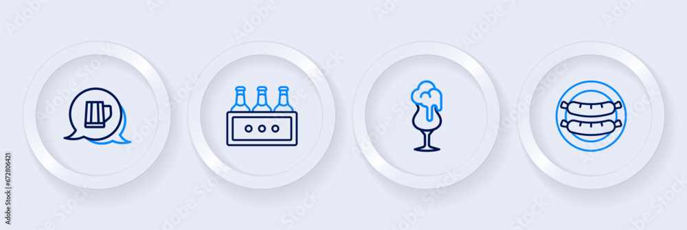 Set line Sausage, Glass of beer, Pack bottles and Wooden mug icon. Vector Set line Sausage, Glass of beer, Pack bottles and Wooden mug icon. Vector