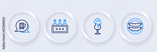 Set line Sausage, Glass of beer, Pack bottles and Wooden mug icon. Vector