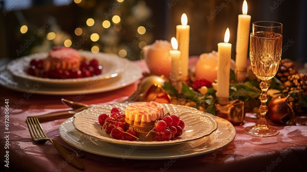 Softly glowing candles casting a warm light on a table set with festive, holiday-themed placemats.