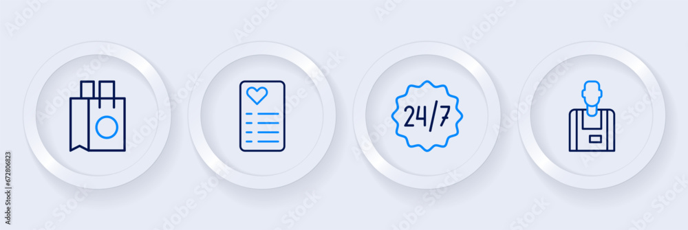 Set line Seller, Clock 24 hours, Shopping list and Paper shopping bag icon. Vector Set line Seller, Clock 24 hours, Shopping list and Paper shopping bag icon. Vector