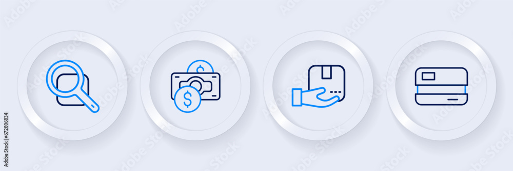 Set line Credit card, Delivery hand with box, Stacks paper money cash and Magnifying glass icon. Vector Set line Credit card, Delivery hand with box, Stacks paper money cash and Magnifying glass icon. Vector