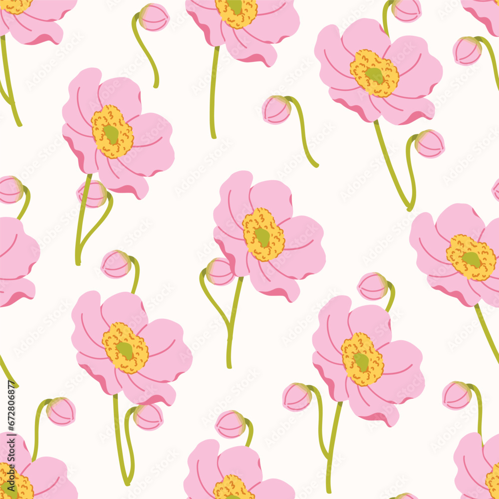 Seamless pattern of pink flowers and flower buds about to bloom on light pink background, Vintage floral background, Pattern for design wallpaper, gift wrap paper and fashion prints.