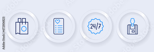 Set line Seller, Clock 24 hours, Shopping list and Paper shopping bag icon. Vector