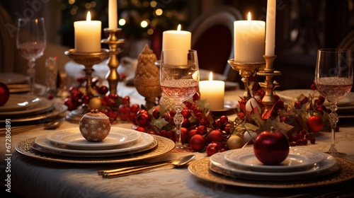 Softly glowing candles casting a warm light on a table set with festive  holiday-themed placemats.