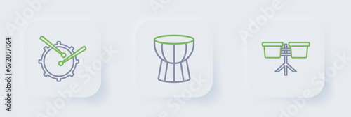 Set line Bongo drum, African darbuka and Drum with sticks icon. Vector