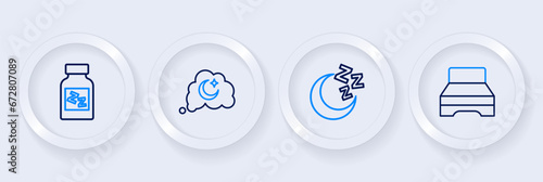 Set line Big bed, Moon and stars, Dreams and Sleeping pill icon. Vector
