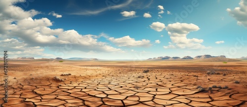 Expansive Desert Landscape with Cracked Earth. Panoramic view of vast desert with deep blue sky and cracked soil.