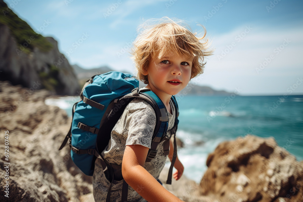 Childhood Exploration: Close-Up of Boy on Rocky Coastal Path