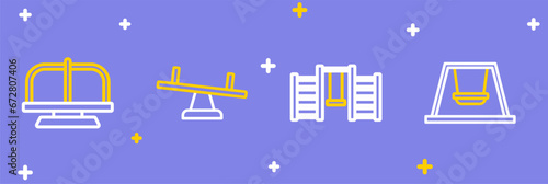 Set line Ferris wheel, Swedish wall, Seesaw and Attraction carousel icon. Vector