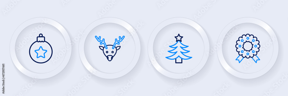 Set line Christmas wreath, tree, Reindeer and ball icon. Vector Set line Christmas wreath, tree, Reindeer and ball icon. Vector