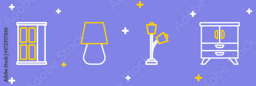Set line Chest of drawers, Floor lamp, Table and Wardrobe icon. Vector