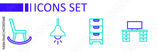 Set line Office desk, Chest of drawers, Lamp hanging and Armchair icon. Vector