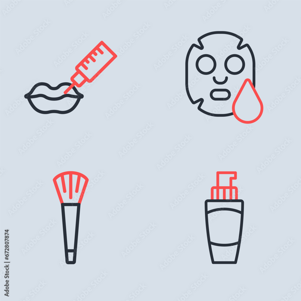 Set line Facial cosmetic mask, Makeup brush, Tube of hand cream and Lip augmentation icon. Vector Set line Facial cosmetic mask, Makeup brush, Tube of hand cream and Lip augmentation icon. Vector