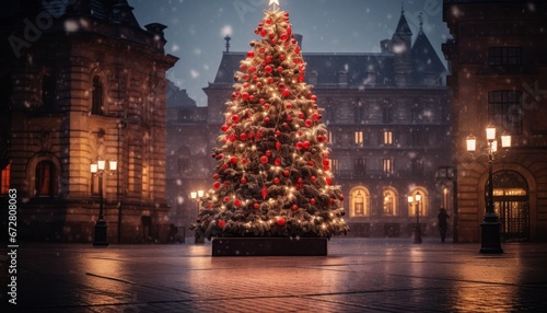 Photo of a Festive Christmas Tree Lighting Up the Night in Front of a Majestic Building