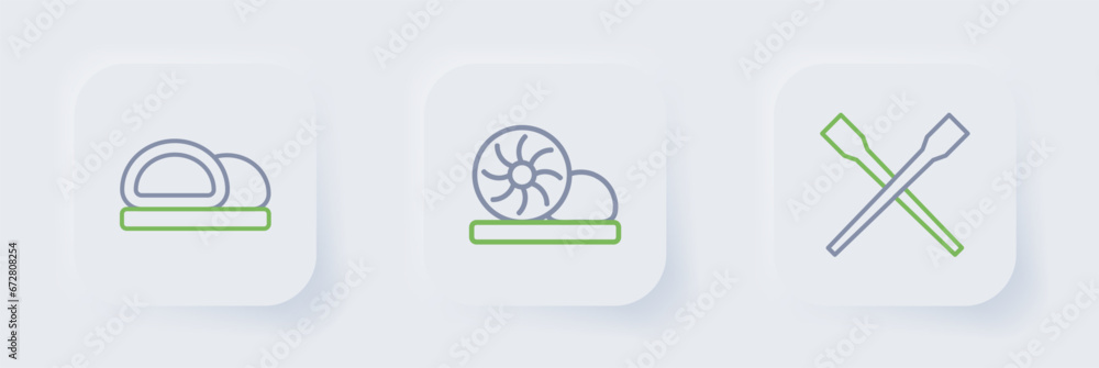 Set line Food chopsticks, Xiao long bao and Sushi icon. Vector Set line Food chopsticks, Xiao long bao and Sushi icon. Vector