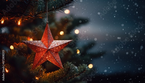 Photo of a Shimmering Red Star Illuminating the Christmas Tree