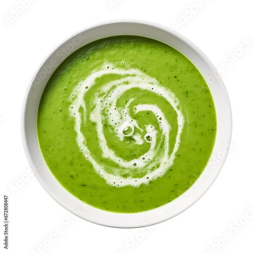 green soup of green peas, broccoli, spinach, and ingredients in a bowl, isolated on a transparent background