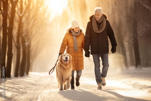 Senior couple with a dog walks on winter park. AI generated
