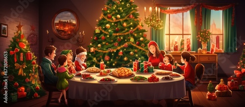 Happy family celebrating christmas new year and open gift box. Home holiday and Christmas tree
