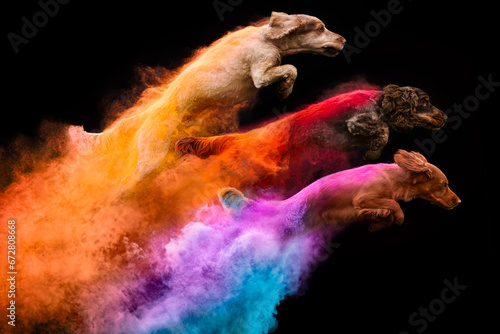 English Working Cocker Spaniels in colourful Holi powders