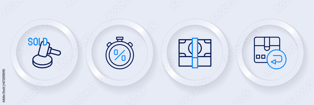Set line Return cardboard box, Stacks paper money cash, Stopwatch percent discount and Auction hammer icon. Vector Set line Return cardboard box, Stacks paper money cash, Stopwatch percent discount and Auction hammer icon. Vector