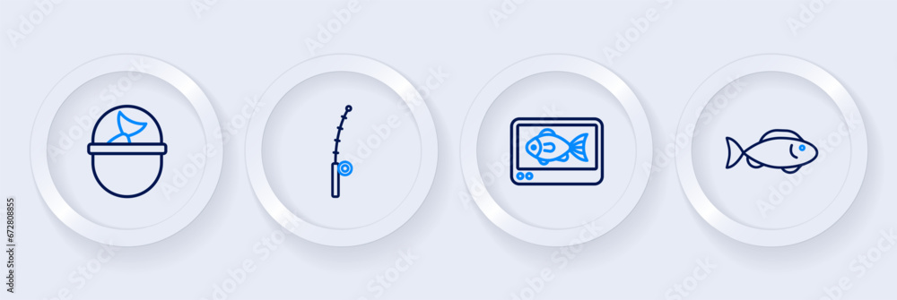 Set line Fish, finder echo sounder, Fishing rod and bucket with fish icon. Vector Set line Fish, finder echo sounder, Fishing rod and bucket with fish icon. Vector