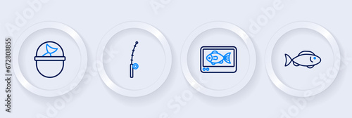Set line Fish, finder echo sounder, Fishing rod and bucket with fish icon. Vector