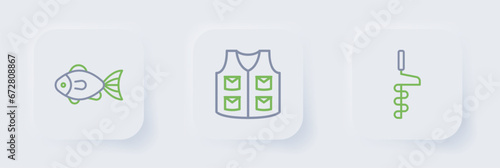 Set line Hand ice drill, Fishing jacket and icon. Vector