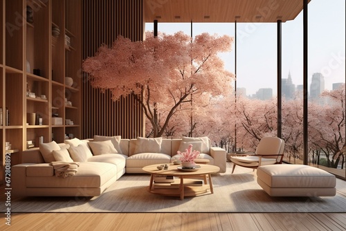 Wooden-themed contemporary living room with a view of cherry blossoms outside. Generative AI