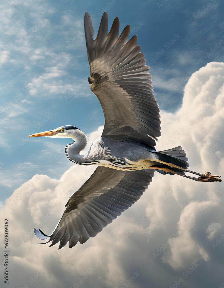 Obraz premium (Ardea cinerea) Héron cendré en vol, ailes déployés, sous un ciel bleu nuageux 