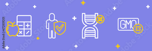 Set line No GMO, Healthy lifestyle and Calorie calculator icon. Vector