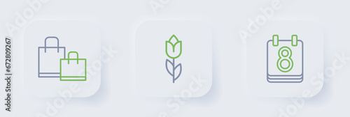 Set line Calendar with 8 March, Flower tulip and Paper shopping bag icon. Vector