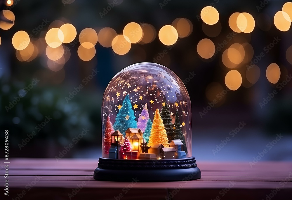 A Christmas glass snow globe standing on a table, against the background of a winter night park, a New Year's ball souvenir.