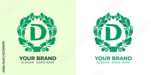 logo alphabeth initial "D" herbal vegan health green minimalist