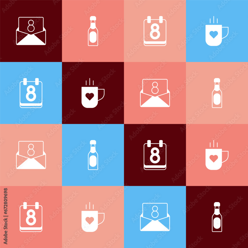 Set pop art Envelope with 8 March, Champagne bottle, Calendar and Coffee cup and heart icon. Vector Set pop art Envelope with 8 March, Champagne bottle, Calendar and Coffee cup and heart icon. Vector