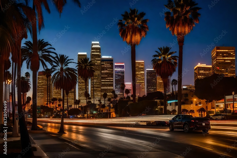 Fototapeta premium Los Angeles at dusk, the skyline illuminated by a vibrant tapestry of city lights, palm trees lining the boulevards, a warm, coastal breeze in the air